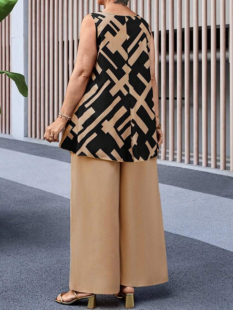 Plus Size V-Neck Sleeveless Printed Minimalist Top And Pants Set Spring Outfits For Women Elegant