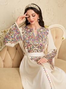 Al Najma Elegant U-Neck Bell Sleeve Sequins Embroidery Swing Abaya Dress For Spring & Summer,Modest