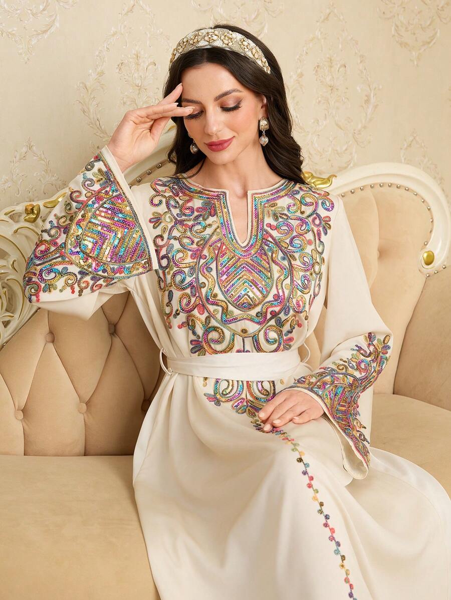 Al Najma Elegant U-Neck Bell Sleeve Sequins Embroidery Swing Abaya Dress For Spring & Summer,Modest