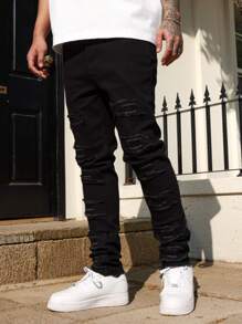 Manfinity LEGND Men's Plain Ripped Casual Denim Jeans, For Everyday Wear - Black - View 4