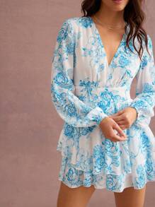 WESTFADE Spring Flower Printed Chiffon Surplice V Neck Bow Back Ruffle Tiered Long Sleeve Mini Dress Summer Vacation 90s Dress - Multicolor - View 1