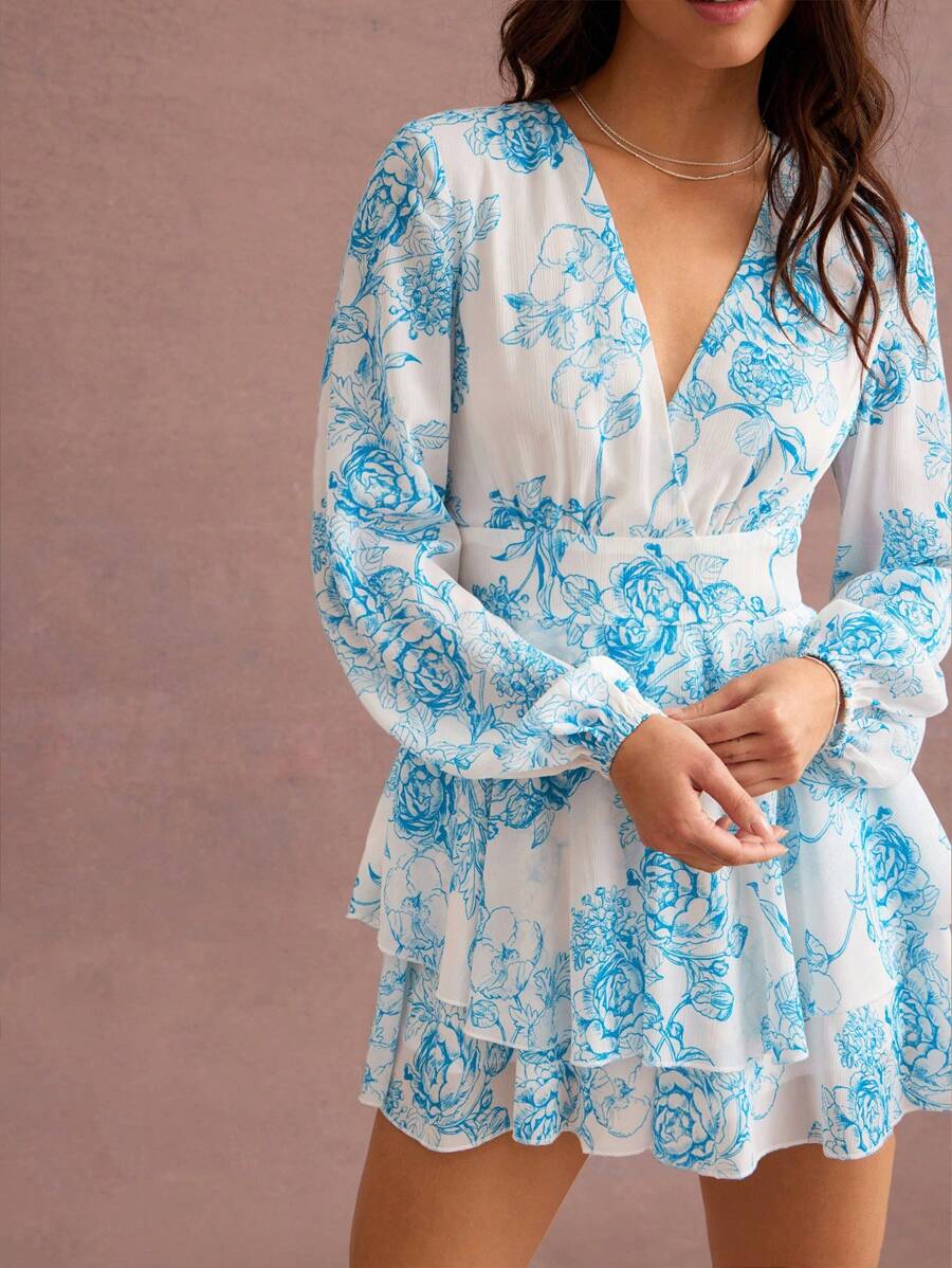 WESTFADE Spring Flower Printed Chiffon Surplice V Neck Bow Back Ruffle Tiered Long Sleeve Mini Dress Summer Vacation 90s Dress - Multicolor - View 1