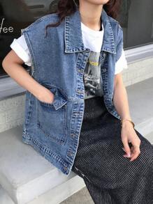 FRIFUL Women's Denim Blue Loose Sleeveless Jacket Casual Outerwear