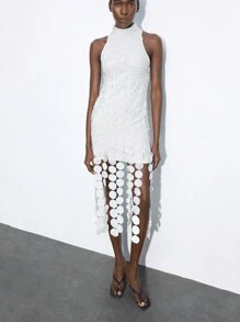 Maija Damska elegancka sukienka w jednolitym kolorze z okrągłym wzorem i dekoracyjną łatką do połowy łydki, jesień/zima