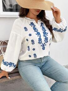 SHEIN CURVE+ Super Plus Size 100% Vacation Embroidered Shirt, Curve Plus, Boho Vacation Beach Outfits For Woman/Beach /Beach Vacation Outfits/Beach Essentials / Graduation/Tea Party  - White - View 2