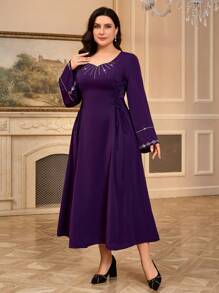 Modelyn 大码女式钻石 V 领长袖休闲长款阿巴亚连衣裙 - 紫色 - 查看 6