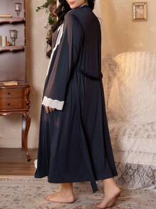 Côtesoire Plus Size Women's Lace Patchwork Elegant Long Sleeve Casual Robe & Cami Dress, Fall Clothes, Cozy Outfit