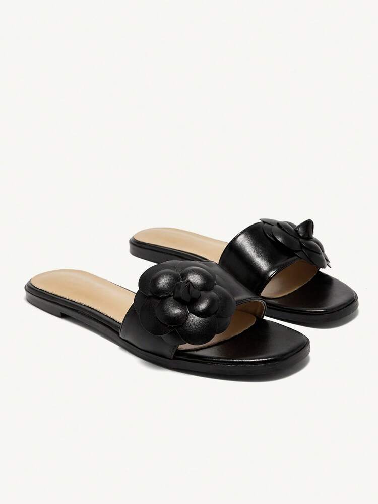 CUCCOO CHICEST Women's Black Floral Strap Flat Sandals