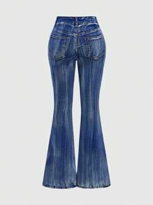 ROMWE J-Fashion 女士前拉链口袋简约喇叭腿牛仔裤，休闲日常穿着