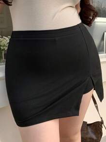 Dazy Plus تنورة قصيرة بلون سادة قابلة للتقسيم، متعددة الاستخدامات لجميع الفصول، تنانير الخريف - الأسود - مشاهدة 7