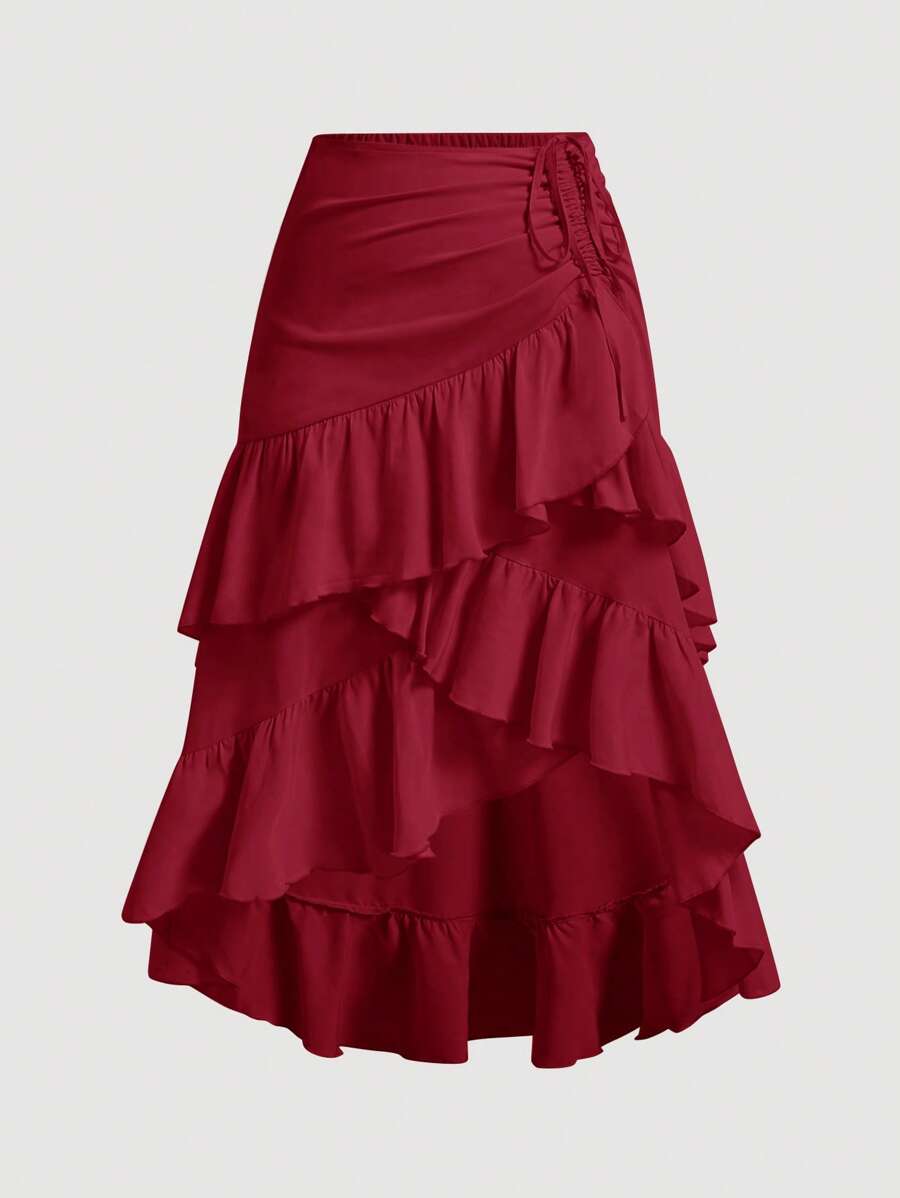 SHEIN MOD Plus Size Asymmetric Ruched Drawstring Waist Layered Party Skirt, Cream Burgundy - Burgundy - View 1