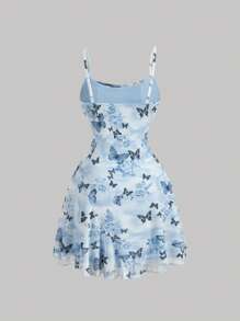SHEIN MOD 蓝色复古蝴蝶印花不对称下摆夏季吊带连衣裙 - 藍色 - 查看 2