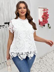 SHEIN Clasi Plus Size Women's White Solid Stand Collar Short Sleeve Simple Elegant Lace Shirt, Casual Holiday Wear, Exquisite Romance, Women's Holiday Wear, Women's Summer Wear, Women's Business Casual Wear, Women's Going Out Tops, Women's Office Wear, Women's Spring Wear, Holiday, Old Money, White Tops, White Shirt, White Tops, Women's Short Sleeve Tops, Lace Tops, Women's Elegant Tops, Women's Modest Wear, Spring Break, St. Patrick's Day Shirt - White - View 5