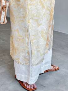 FRIFUL Women's Floral Print Puff Sleeve Oversized Extra Long Shirt Long Sleeve Top - Apricot - View 5