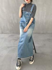 FRIFUL Đầm yếm denim thường ngày cho nữ mùa hè - Rửa trung bình - Xem 1