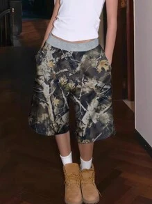 INAWLY 女士时尚分枝印花阔腿短裤 - 棕色 - 查看 1