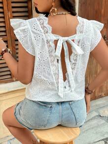 Breezaya Blusa casual de cuello en V con espalda hueca, plisada, con volantes y bordados en talla grande - Blanco - Ver 2