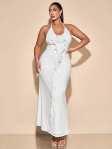 SHEIN BAE Plus Size Women's Elegant Floral 3D Ruffle V-Neck Halter Dress, Bridesmaid Dress