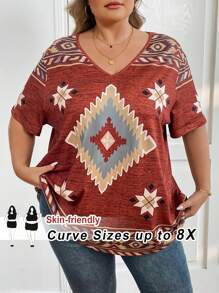 SHEIN CURVE+ T-shirt femme grande taille style bohème vintage imprimé géométrique col en V, style décontracté d'été