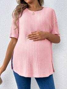 SHEIN 孕妇休闲宽松圆领开衩下摆长款孕妇 T 恤 - 粉色 - 查看 4