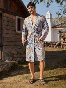 Men's Animal Print Long Sleeve Cardigan, Casual & Simple Loungewear Robe - Multicolor - View 2