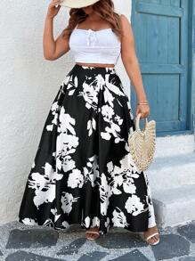 SHEIN Clasi Plus Size Women Elegant Satin Floral Pattern Long Skirt - Black and White - View 3