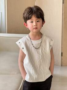 SHEIN 1pc Young Boys Comfortable Daily Versatile Japanese And Korean Style Simple Casual Texture Fabric Round Neck Sleeveless Knitted Top T-Shirt, Suitable For Spring And Summer Seasons, Daily Life, Sports, Campus, Gatherings, Festivals, Performances, Photography, Back To School Season - White - View 4