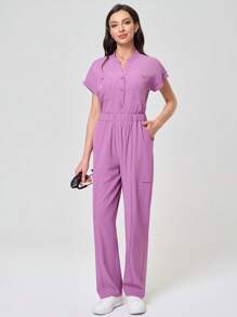 TaskEZ Women Solid Color Short Sleeve Top And Pants Scrub Uniform Set - Purple - View 2