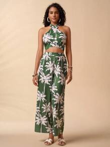 Travachic 2 件套热带印花背心和热带印花裤套装，女士度假装，休闲度假装，棕榈树，绿色休闲热带波西米亚风套装 - 綠色 - 查看 4
