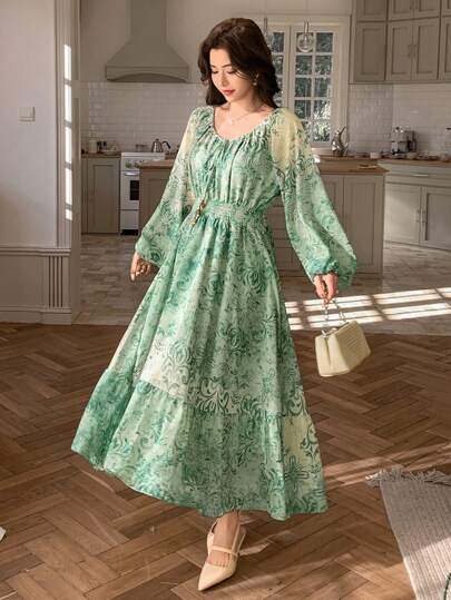 DAZY שמלה באורך בינוני עם שרוולי פנס קשירה, הדפס פרחוני, לנשים, שמלת סתיו, שמלת שרוולים ארוכים, פסחא