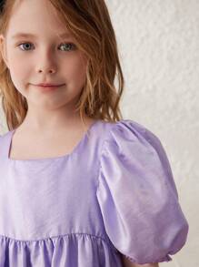 Blossori Young Girls' Purple Elegant Smocked Waist A-Line Puff Sleeve Woven Dress, Spring/Summer - Purple - View 7