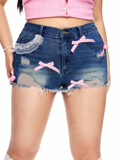 Kawaii شورت جينز بتطريز دانتيل وكبيرة الحجم بأربطة عقدة الفراشة جميلة