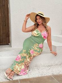 Breezaya 大码波西米亚风节日花卉印花吊带裙，适合夏季