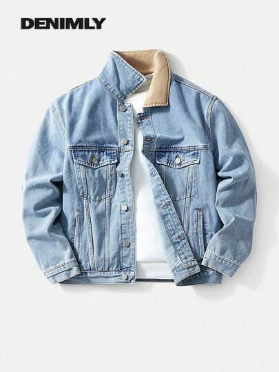 Teen Teen Boy Daily Vintage Casual Light Wash Khaki Contrast Collar Detail Loose Fit Jean Jacket With Button Front Fastening, Two Pockets