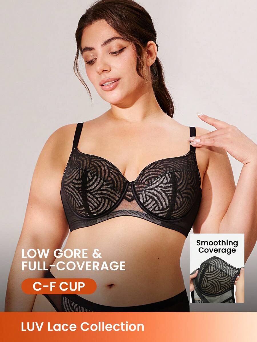 LUVLETTE 加黑色内衣休闲曲线透明全覆盖支撑透气钢圈性感无衬里蕾丝优雅网眼迷你文胸 - 黑色 - 查看 1