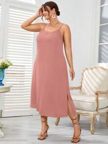 SHEIN LUNE Plus Size Summer Solid Color Spaghetti Strap Slit Hem Casual Dress, Boho - Dusty Pink - View 1