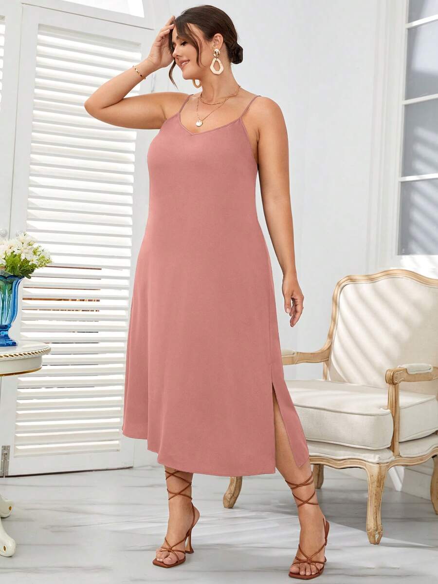 SHEIN LUNE Plus Size Summer Solid Color Spaghetti Strap Slit Hem Casual Dress, Boho - Dusty Pink - View 1