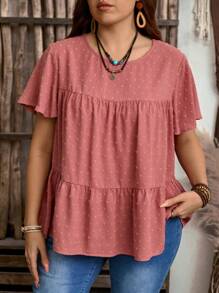 EMERY ROSE Blusa suelta de mujer de talla grande con cuello redondo y volantes de manga corta, de unicolor, estilo bohemio para mujer, para verano, ropa occidental para mujer, para vacaciones, primavera - Rosa - Ver 4