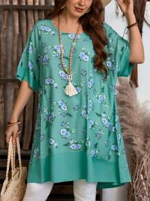 EMERY ROSE 大码女式花卉印花拼布长衬衫 - 薄荷綠 - 查看 2