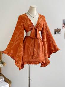 Soleia 女士度假柳枝纹理面料荷叶边 V 领喇叭袖衬衫和荷叶边下摆 A 字裙 2 件套，适合嬉皮士、音乐节、派对 - 彩色 - 查看 2