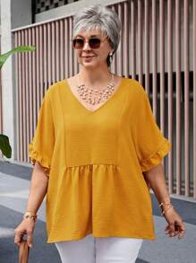 EMERY ROSE Plus Size Summer Yellow V-Neck Short Sleeve Ruched Boho Shirts Women,Summer Outfits For Women,Vacation Outfits Woman,Summer Shirts,Casual Everyday Wear,St Patrick Day Shirt - Yellow - View 3