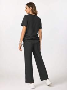 TaskEZ V-Neck Drawstring Short Sleeve Top And Pants /Nursing Scrub Uniform Set - Black - View 2
