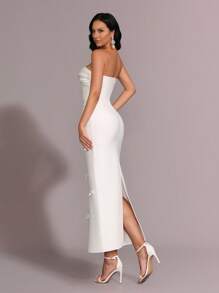 Glamrae 优雅奢华白色手工水晶装饰褶皱胸围无袖紧身长款正式晚礼服，礼服 - 白色 - 查看 6