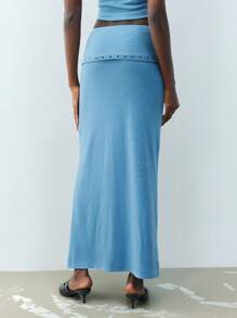 Maija 春夏新款都市摩登蓝色针织镂空装饰女裙日常休闲性感优雅通勤适合节日派对圣诞节新年情人节老钱风格节90年代女装波西米亚风 - 藍色 - 查看 4