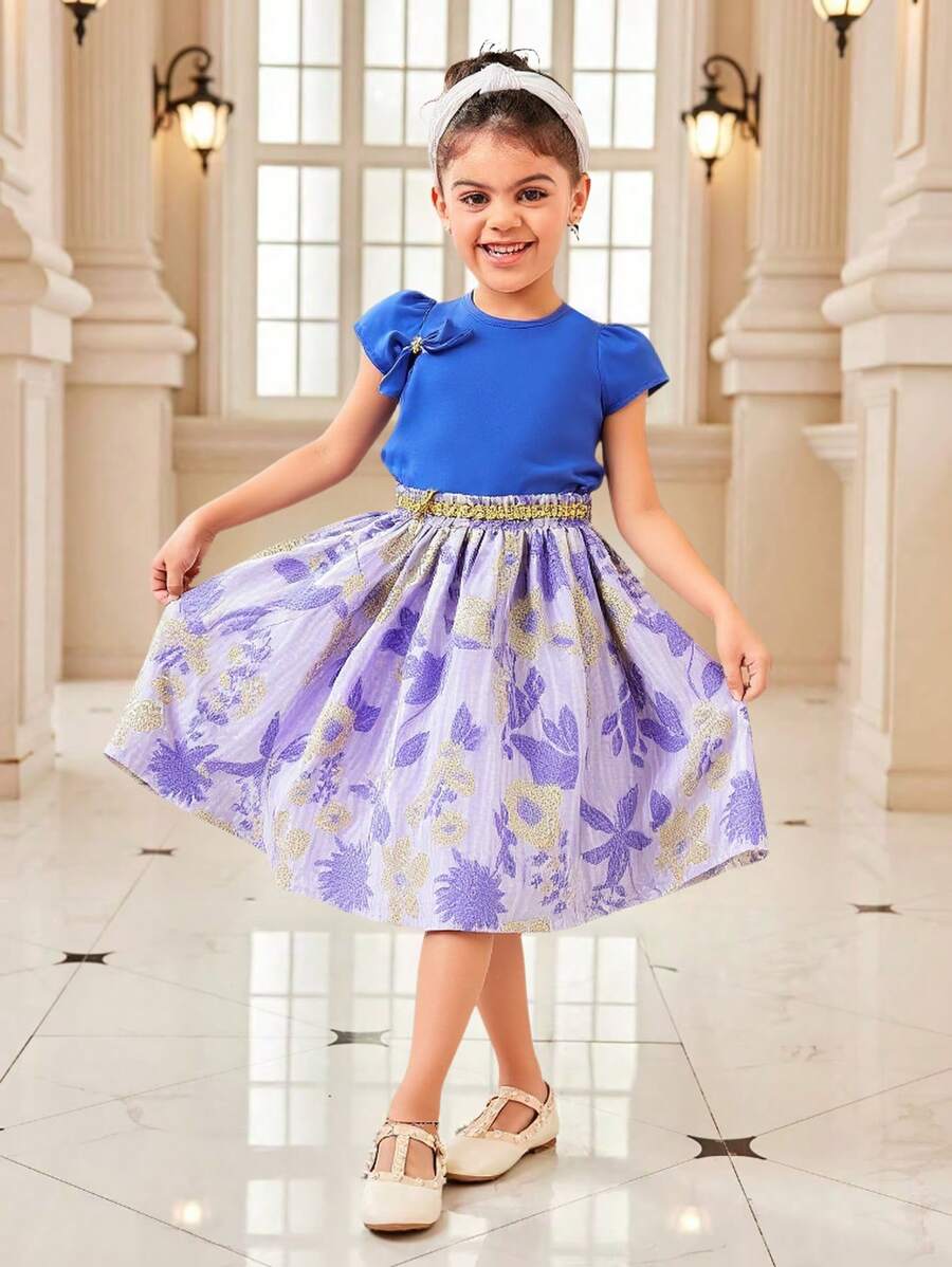 2pcs Young Girl Eid Mubarak Blue Short Sleeve Bow Top And Blue Embroidered Gold Ribbon Skirt Set, Elegant Party Mini Dress - Blue - View 1