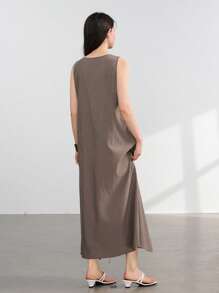 Dazy-Less Vestido de mujer de media pantorrilla con cuello con cordón, botones y diseño de lino de unicolor, estilo antiguo casual, para el verano