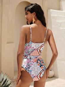 Anewsta Women's V-Neck Patchwork Printed In Multiple Colors One-Piece Swimsuit, For Summer Beach Vacation