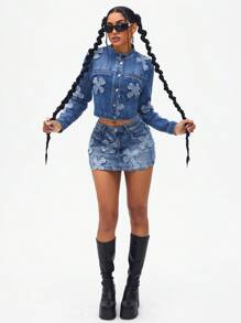 SHEIN ICON Women's Cross Embroidered Pockets Washed Denim Skort - Medium Wash - View 4