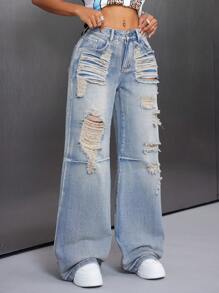 SHEIN ICON Jeans de pierna ancha rasgados estilo urbano para mujeres