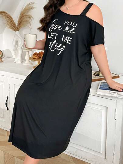 加大码单肩单肩纯色英文文字印花超柔软牛奶丝针织睡袍